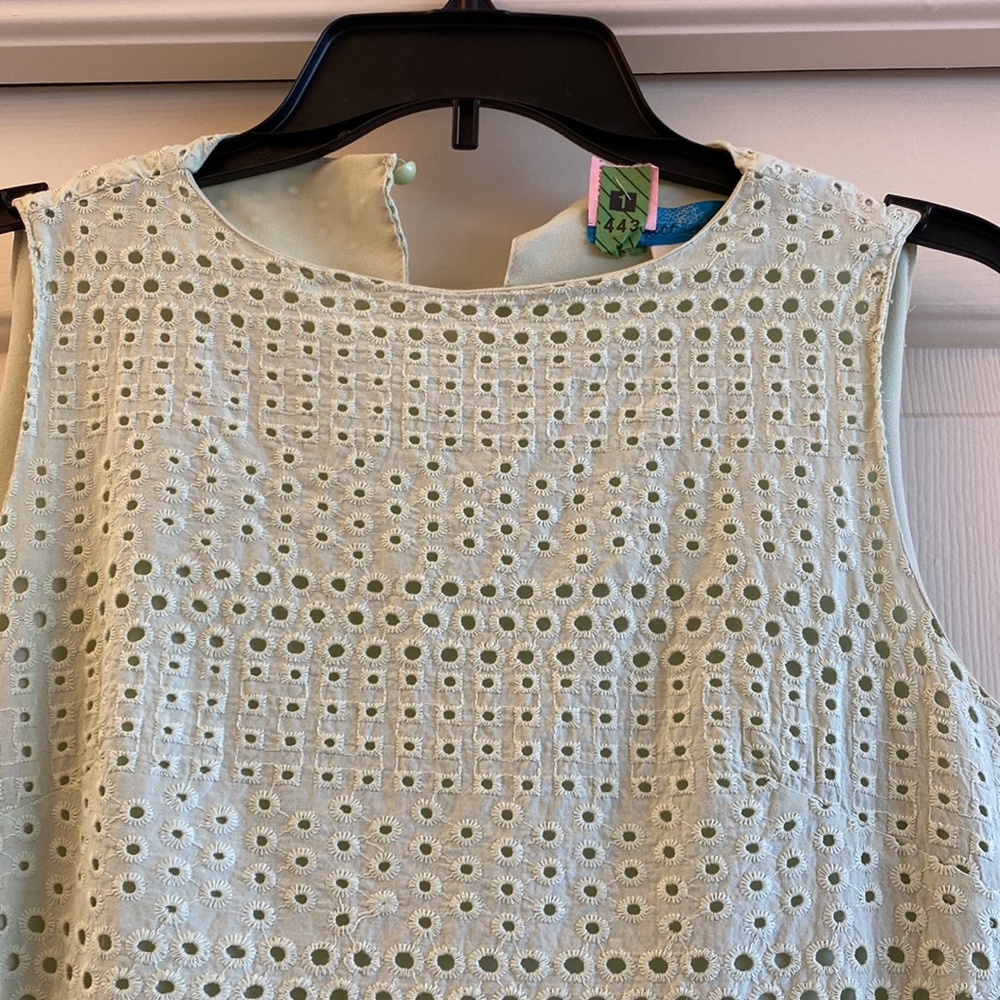 Vintage summer celery cotton eyelet shift dress, S - Picture 2 of 5